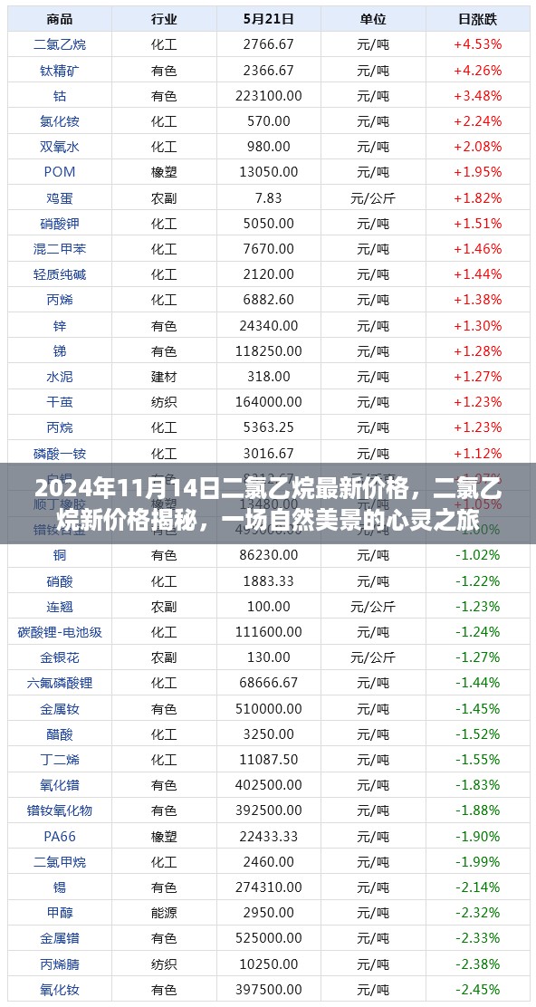 二氯乙烷最新价格揭秘，自然美景下的心灵之旅（2024年11月14日）